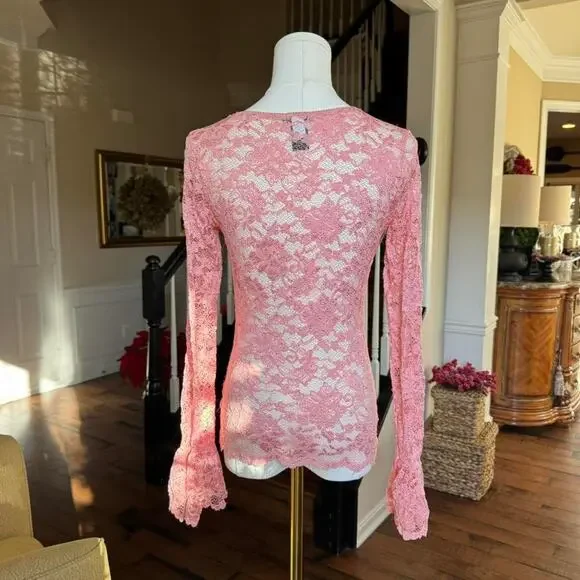 y2k pink sheer lace bell sleeve v neck top small - Picture 4 of 5